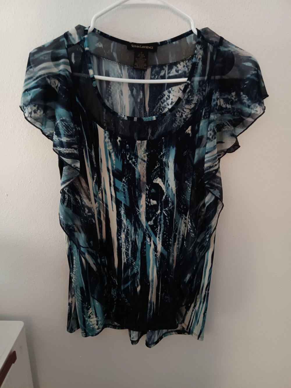 Susan Lawrence Black and Teal Abstract Flutter Sleeve Blouse